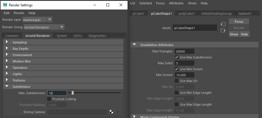 Maya Arnold renderer Subdivision settings panel