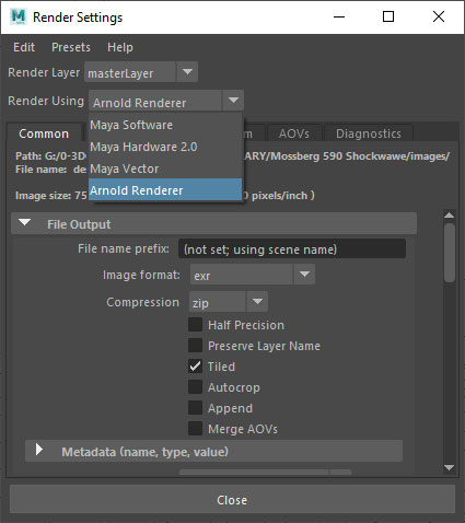 Maya arnold render settings dropdown